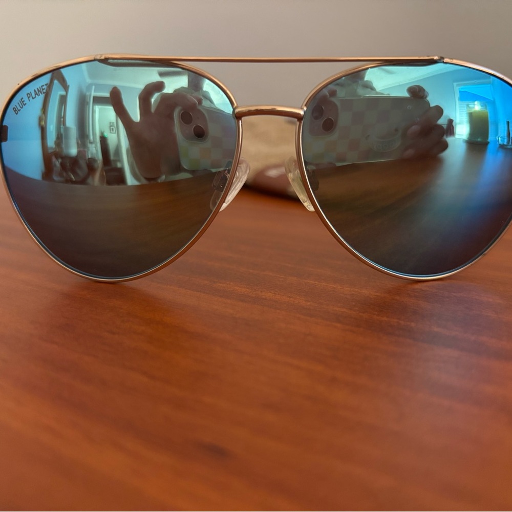 Blue Planet Eco Conscious Aviator Sunglasses with Blue Lenses & Wood Sides